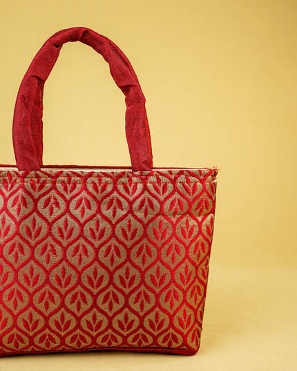 Hand Bag Raw Silk with Golden Leaf Design - W2746