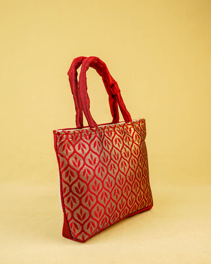 Hand Bag Raw Silk with Golden Leaf Design - W2746