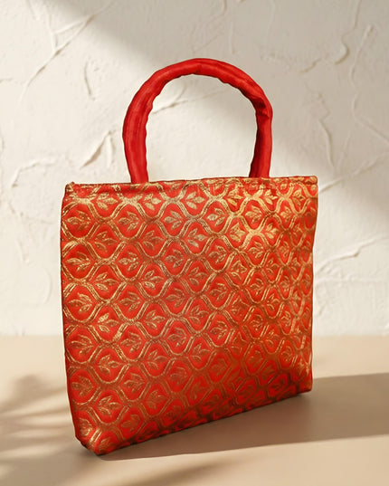 Hand Bag Raw Silk with Golden Leaf Design - W2746