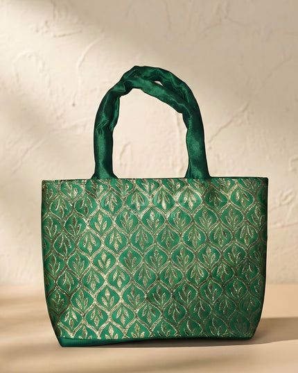 Hand Bag Raw Silk with Golden Leaf Design - W2746