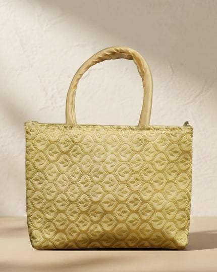 Hand Bag Raw Silk with Golden Leaf Design - W2746