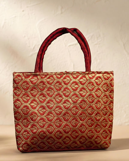 Hand Bag Raw Silk with Golden Leaf Design - W2746