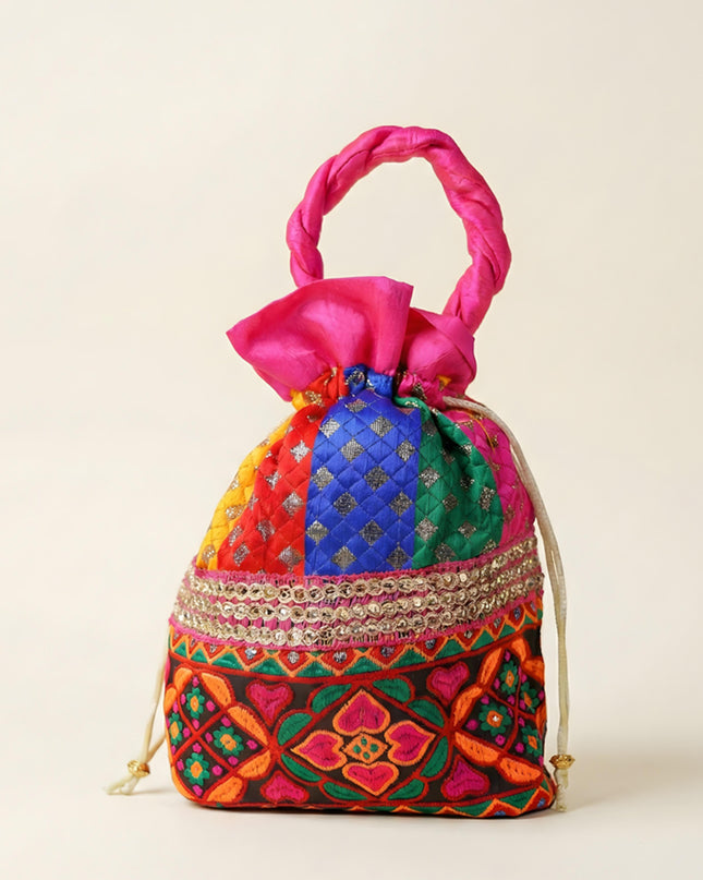 Potli bag - flower thread embroidery and Lace - W2982