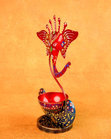 Metal Handpainted Ganesha T Light Holder - W3351-2