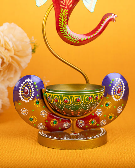 Metal Handpainted Ganesha T Light Holder - W3351-2