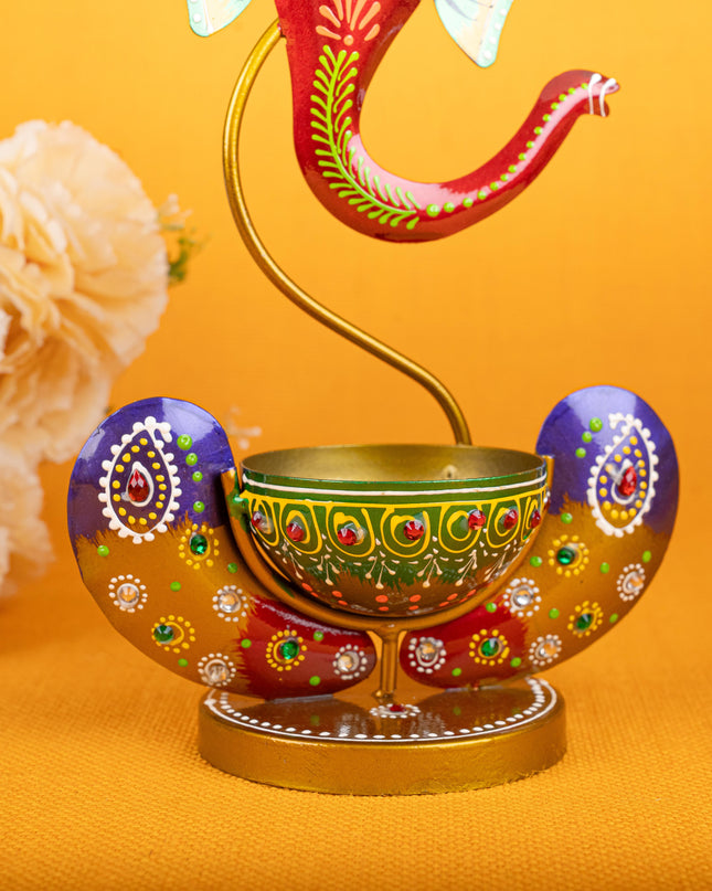Metal Handpainted Ganesha T Light Holder - W3351-2