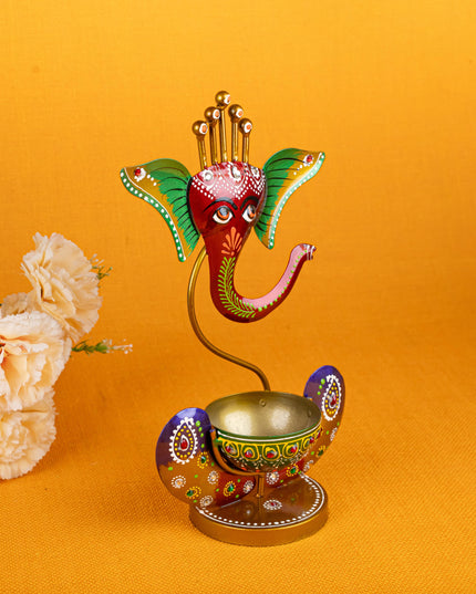 Metal Handpainted Ganesha T Light Holder - W3351-2