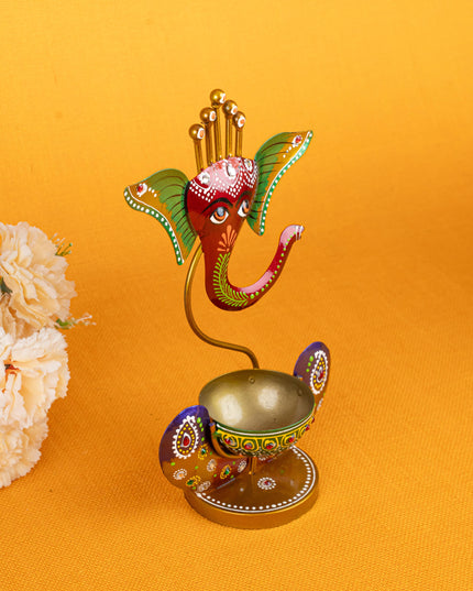 Metal Handpainted Ganesha T Light Holder - W3351-2