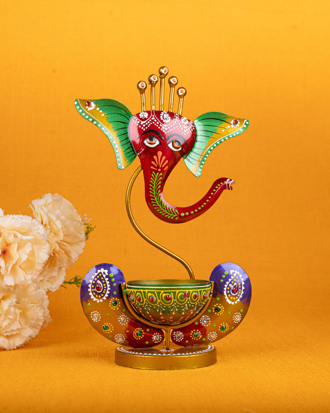 Metal Handpainted Ganesha T Light Holder - W3351-2