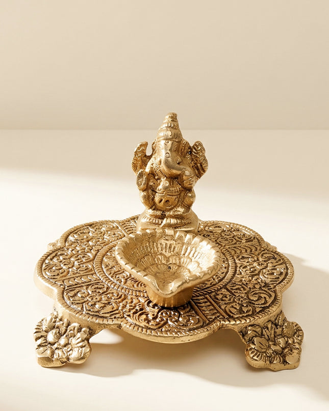 White metal Chowki Ganesh with Diya Gold Finish - W3735