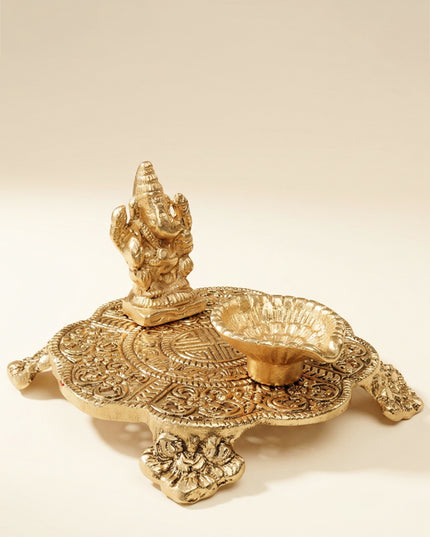White metal Chowki Ganesh with Diya Gold Finish - W3735