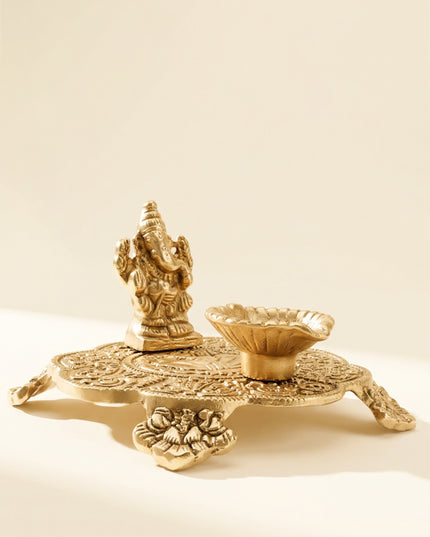 White metal Chowki Ganesh with Diya Gold Finish - W3735