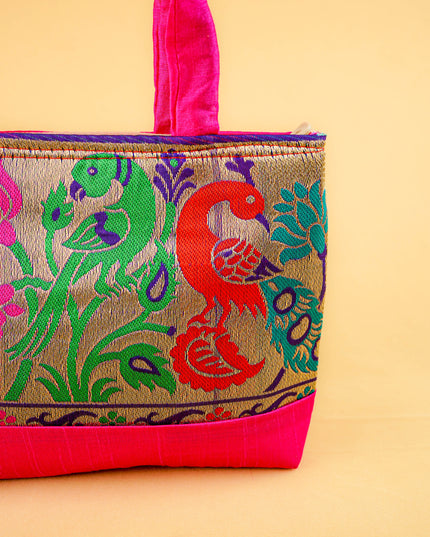 Hand bag raw silk with Peacock design - W3826
