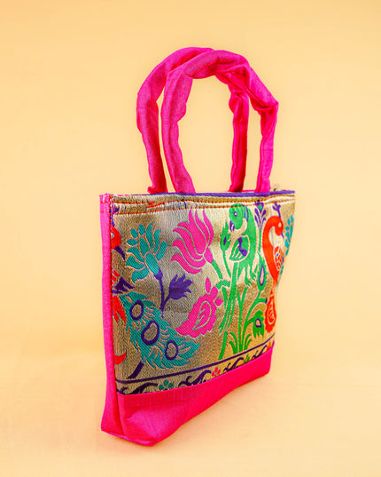 Hand bag raw silk with Peacock design - W3826