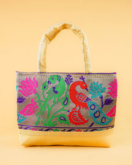Hand bag raw silk with Peacock design - W3826