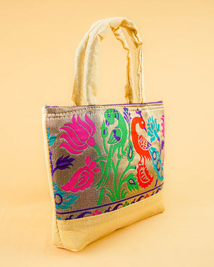 Hand bag raw silk with Peacock design - W3826