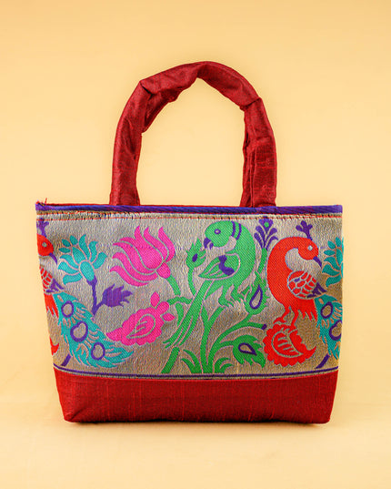 Hand bag raw silk with Peacock design - W3826
