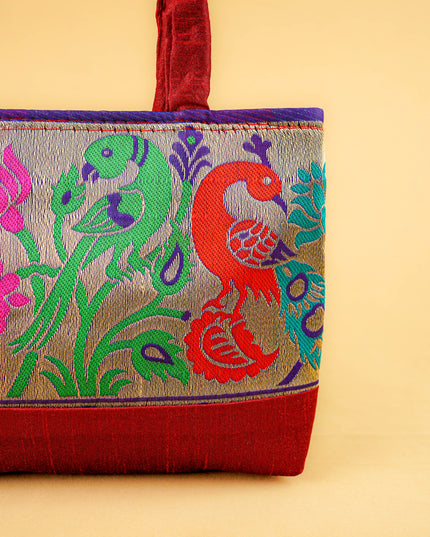 Hand bag raw silk with Peacock design - W3826