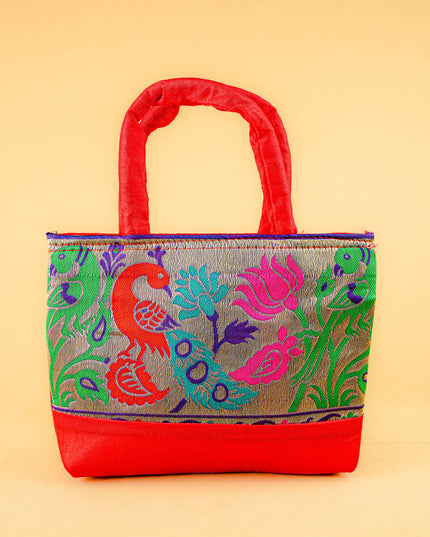 Hand bag raw silk with Peacock design - W3826