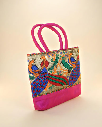 Hand bag raw silk with Peacock design - W3826