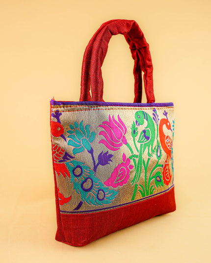 Hand bag raw silk with Peacock design - W3826