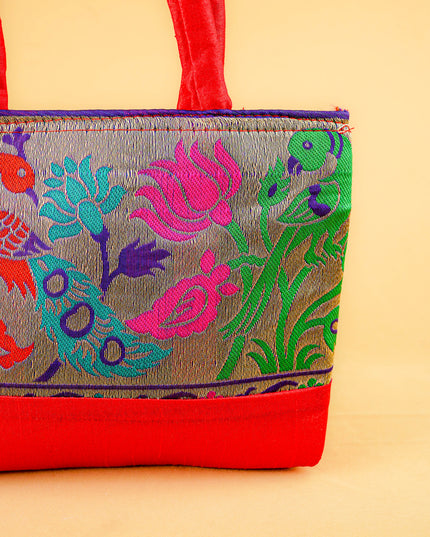Hand bag raw silk with Peacock design - W3826