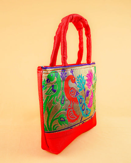 Hand bag raw silk with Peacock design - W3826