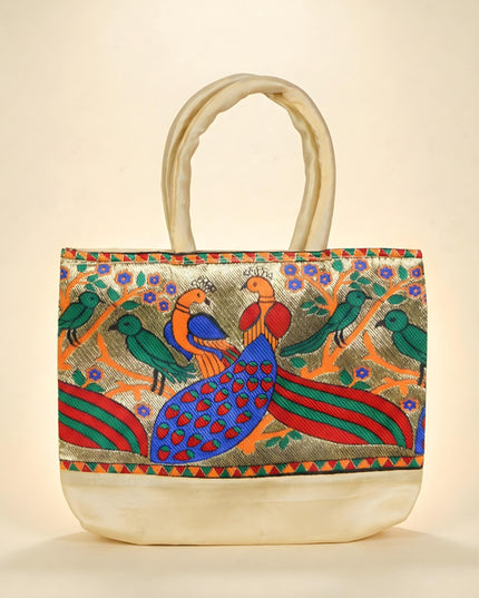Hand bag raw silk with Peacock design - W3826