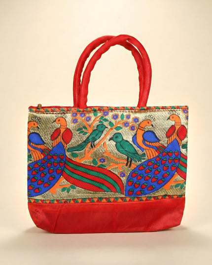 Hand bag raw silk with Peacock design - W3826