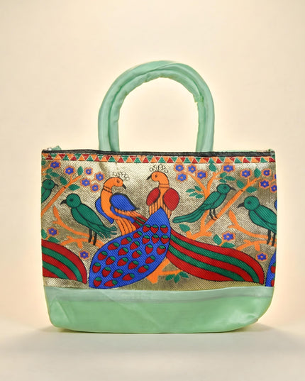 Hand bag raw silk with Peacock design - W3826