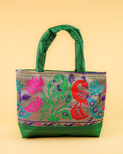 Hand bag raw silk with Peacock design - W3826
