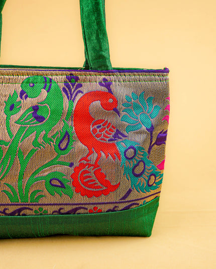 Hand bag raw silk with Peacock design - W3826