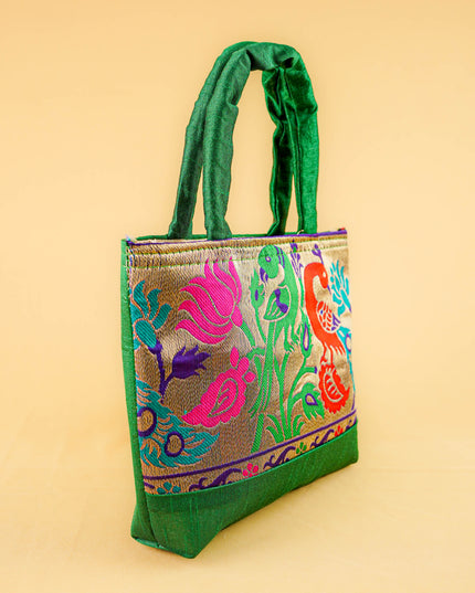Hand bag raw silk with Peacock design - W3826