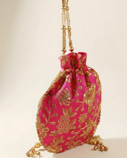 Potli bag raw silk with golden thread embroidery - W4559