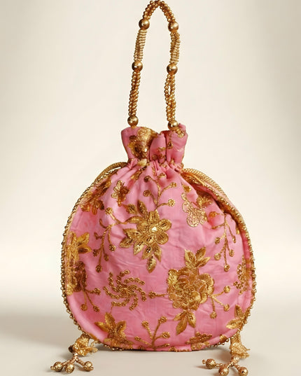 Potli bag raw silk with golden thread embroidery - W4559
