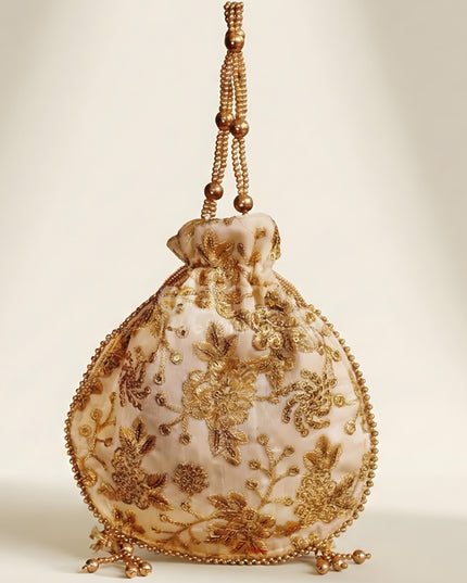 Potli bag raw silk with golden thread embroidery - W4559