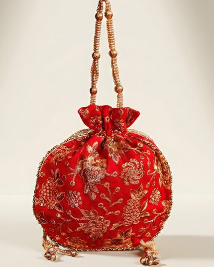 Potli bag raw silk with golden thread embroidery - W4559