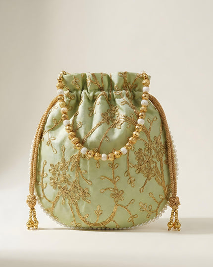 Potli bag raw silk with golden thread embroidery - W4559