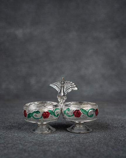 German Silver 2-Cup Kumkum Holder with Meenakari Prints - WBG0076