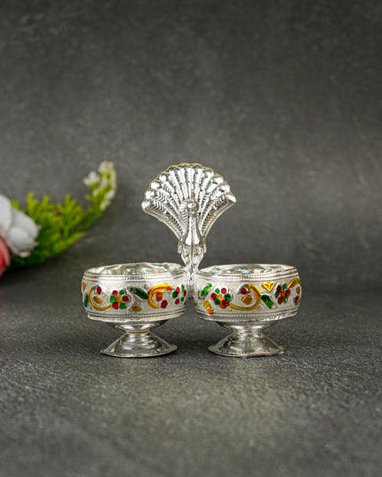 German Silver 2-Cup Kumkum Holder with Meenakari Prints - WBG0076