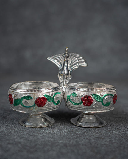 German Silver 2-Cup Kumkum Holder with Meenakari Prints - WBG0076