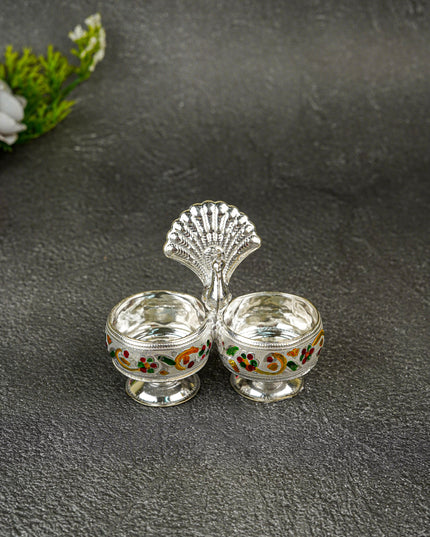 German Silver 2-Cup Kumkum Holder with Meenakari Prints - WBG0076