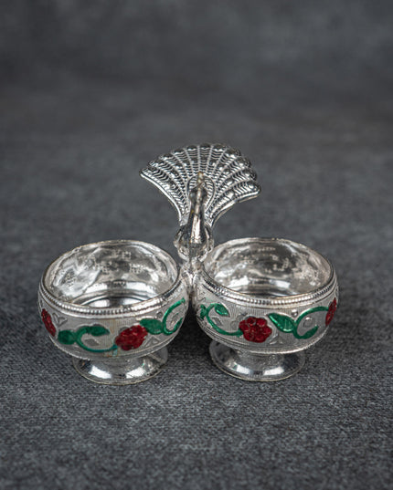 German Silver 2-Cup Kumkum Holder with Meenakari Prints - WBG0076