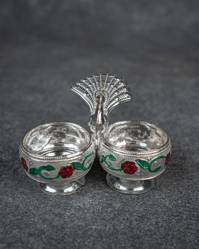 German Silver 2-Cup Kumkum Holder with Meenakari Prints - WBG0076