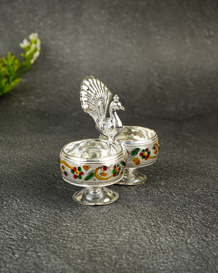 German Silver 2-Cup Kumkum Holder with Meenakari Prints - WBG0076