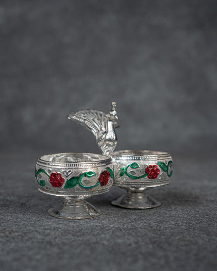 German Silver 2-Cup Kumkum Holder with Meenakari Prints - WBG0076