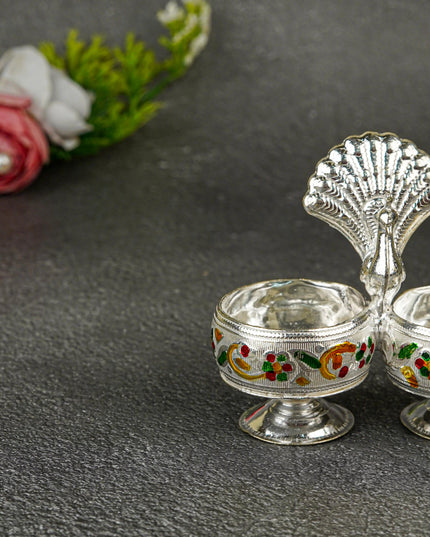 German Silver 2-Cup Kumkum Holder with Meenakari Prints - WBG0076