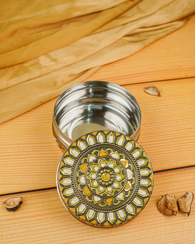 Gold White Oxidised Poori Box - 4 inches - WBG0472