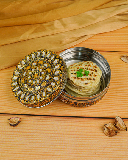 Gold White Oxidised Poori Box - 4 inches - WBG0472