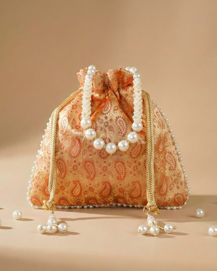 Raw Silk Potli Bag with Pearl Handle and Drawstring - WBG0901